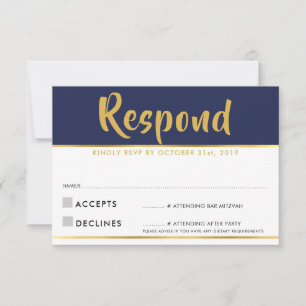 Tarjeta de respuesta RSVP moderna azul marino dora