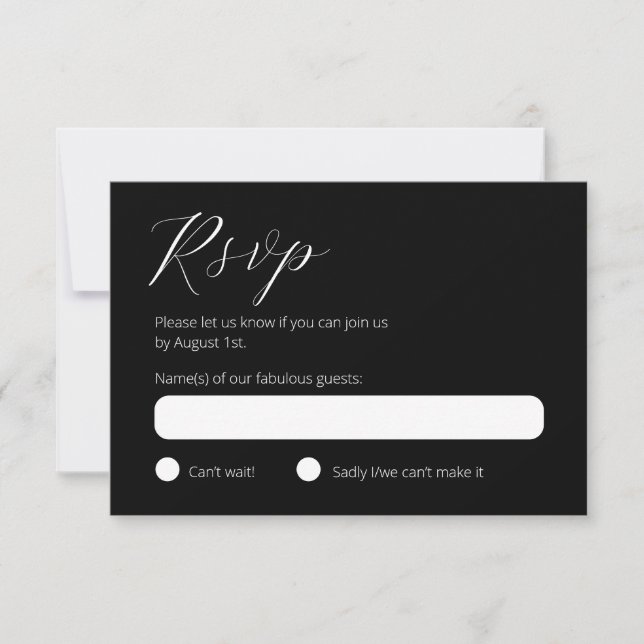 Tarjeta de respuesta RSVP moderna en blanco y negr (Anverso)