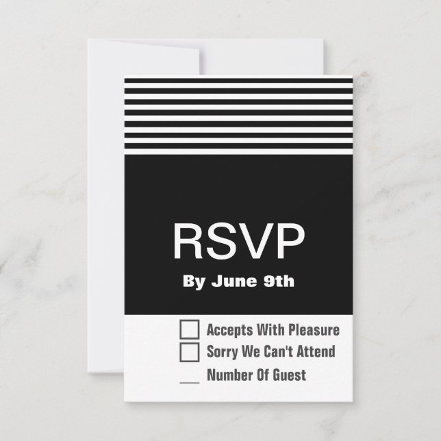 Tarjeta de respuesta RSVP moderna en blanco y negr (Anverso)