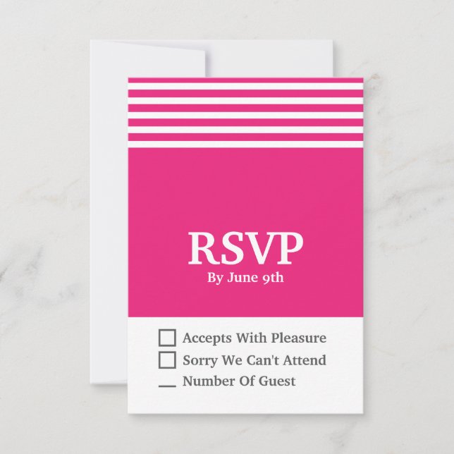 Tarjeta de respuesta RSVP moderna rosa y blanca 3, (Anverso)
