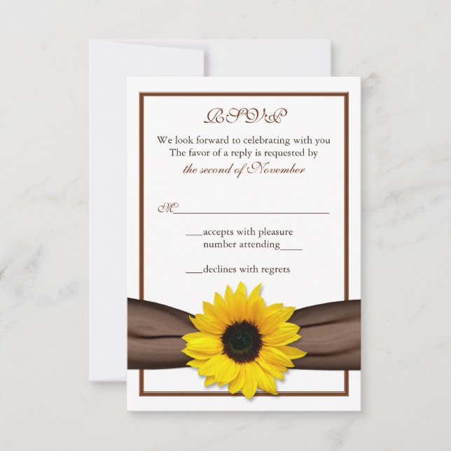 Tarjeta de respuesta RSVP para boda con cinta marr (Anverso)
