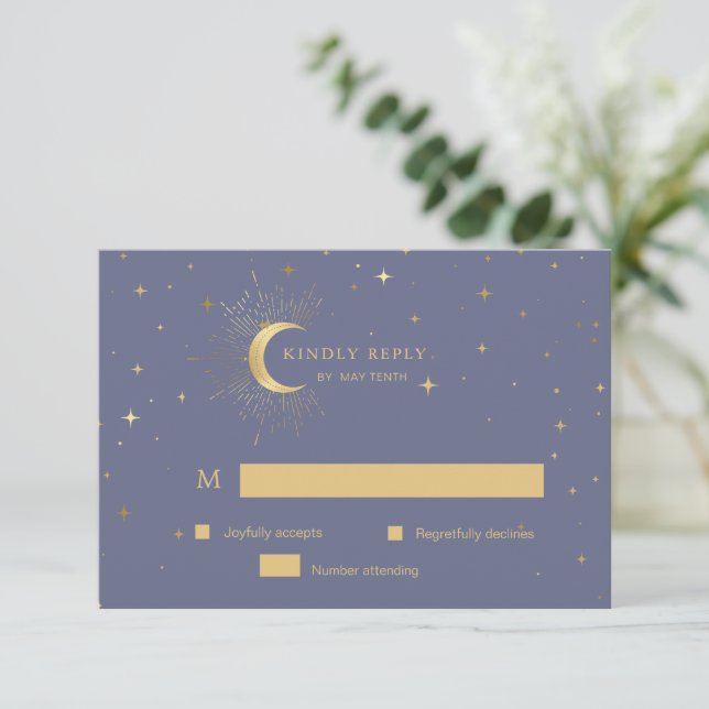 Tarjeta de respuesta RSVP Pastel Celestial Gold Mo (Anverso de pie)