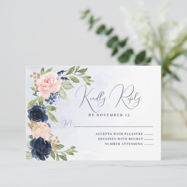 Tarjeta de respuesta RSVP rosa de Rubor azul de la (Anverso de pie)