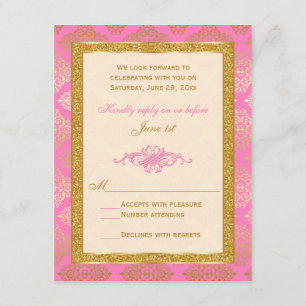 Tarjeta de respuesta RSVP rosa, marfil, damasco fl