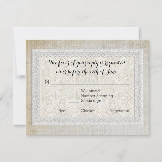 Tarjeta de respuesta RSVP Rústica Lace Aged Vintag (Anverso)
