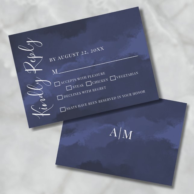 Tarjeta de respuesta simple de boda en azul marino (Elegant Watercolor Navy Blue Wedding RSVP Card)
