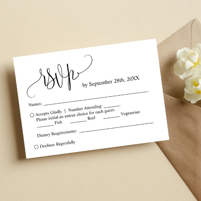 Tarjeta de respuesta simple minimalista escrita a  (Simple minimalist handwritten RSVP card makes replies easy with a personal elegant touch)