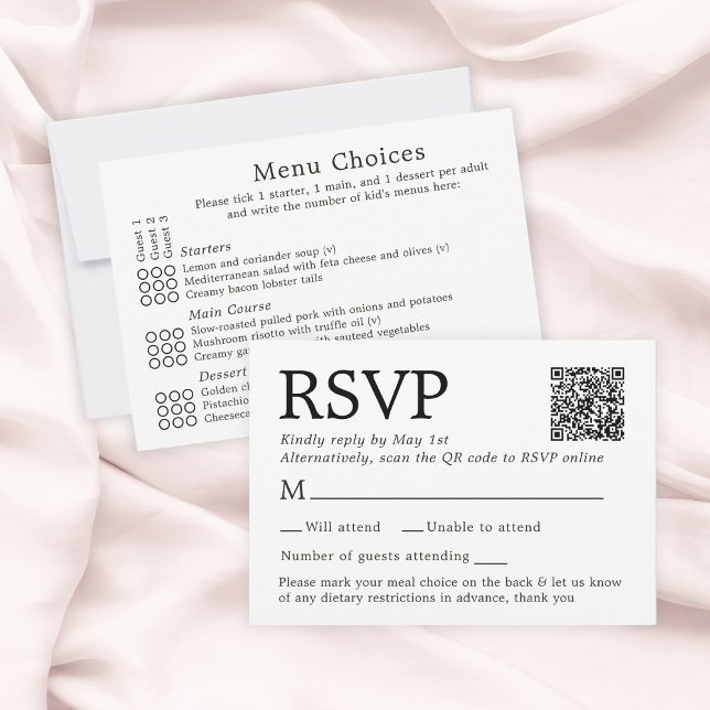 Tarjeta de respuesta simple y elegante en blanco c (Simple Elegant White RSVP Card With Menu Choices
)