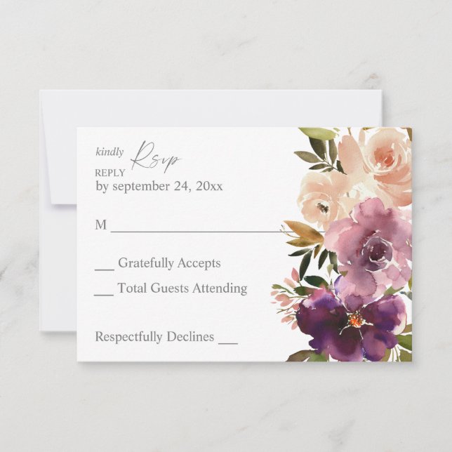Tarjeta de respuesta sin comida floral rosa y púrp (Anverso)