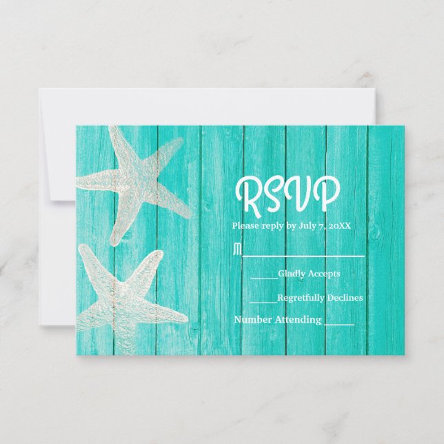 Tarjeta de respuesta Teal Wood & Starfish Elegante (Anverso)