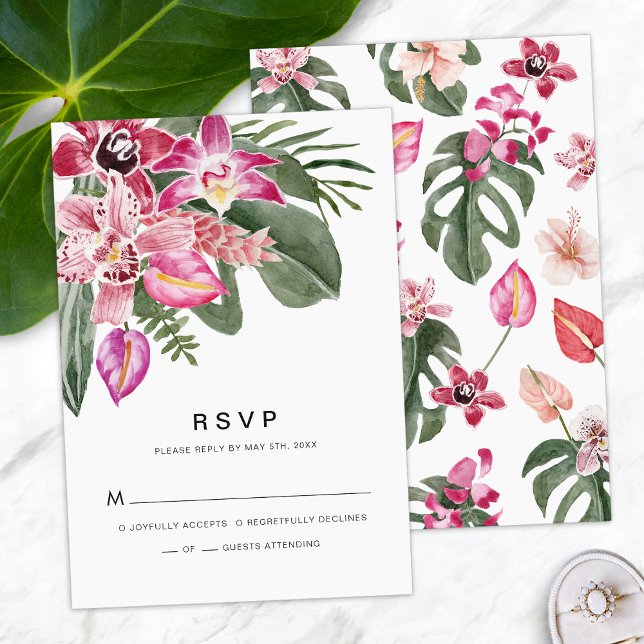 Tarjeta de respuesta tropical RSVP (Tropical Floral Watercolor RSVP Card by Painted Paperie
)