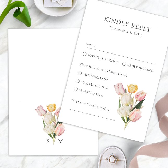 Tarjeta de Respuesta Tulipán Elegante (Watercolor Tulip Elegant RSVP Card Monogram by Painted Paperie
)
