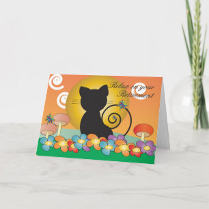 Tarjeta de retiro con gato negro viendo la puesta