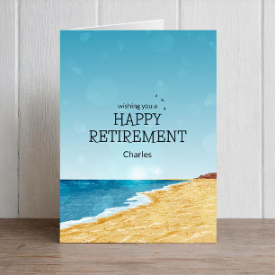 Tarjeta de retiro con playa, mar y cielo azul