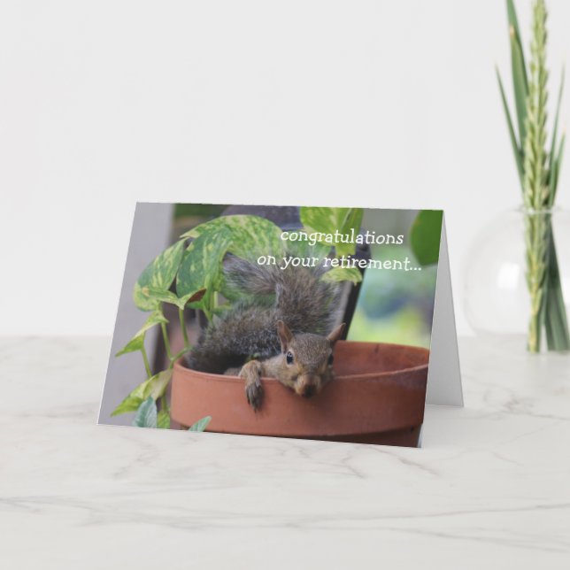Tarjeta de retiro divertida, ardilla en Planter (Anverso)