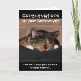 Tarjeta de retiro divertida, con un gato calico