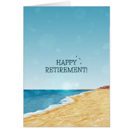Tarjeta de retiro feliz con playa, mar y cielo azu