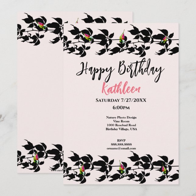 TARJETA DE REUNIÓN DEL CUMPLEAÑOS DE VINE ROSEBUD (Anverso / Reverso)