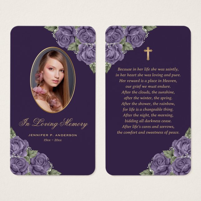 Tarjeta de rezo funeraria cruzada de oro para Rosa (Anverso y reverso)