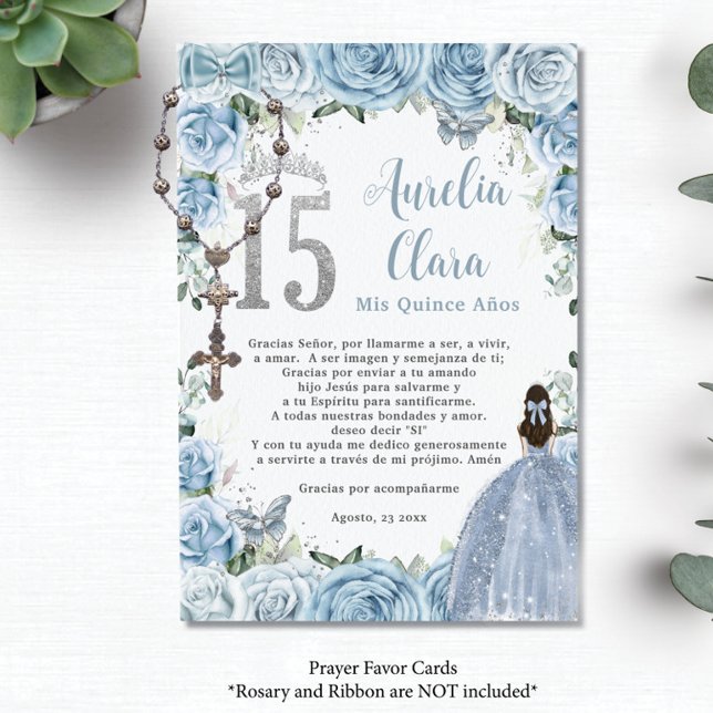 Tarjeta de rezo para bebe Chica floral azul con tr (baby blue roses floral rosary prayer card favors princess girl dress butterflies quinceanera printed)