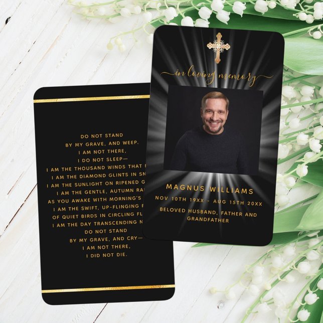 Tarjeta de rezo para funeral con foto de luz dorad (Subido por el creador)