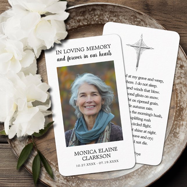 Tarjeta de rezo simple de fotos en memoria de fune (Simple funeral memorial photo prayer cards with a cross and poem on the back (can be changed))