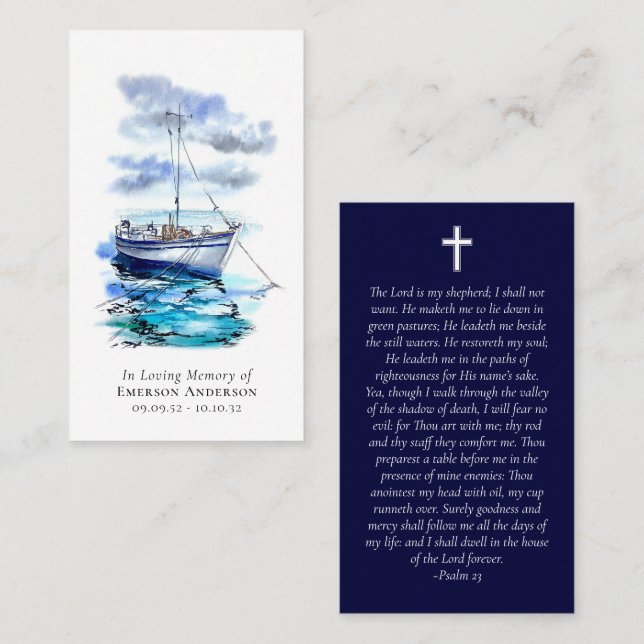 Tarjeta de rezo Watercolor Boat Cross Memorial (Anverso / Reverso)