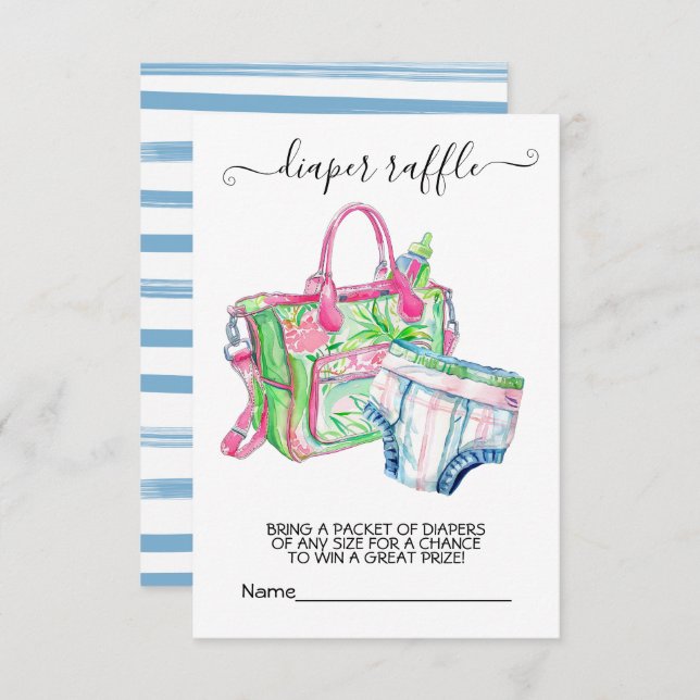 Tarjeta de rifa de pañales Baby Shower preppy (Anverso / Reverso)