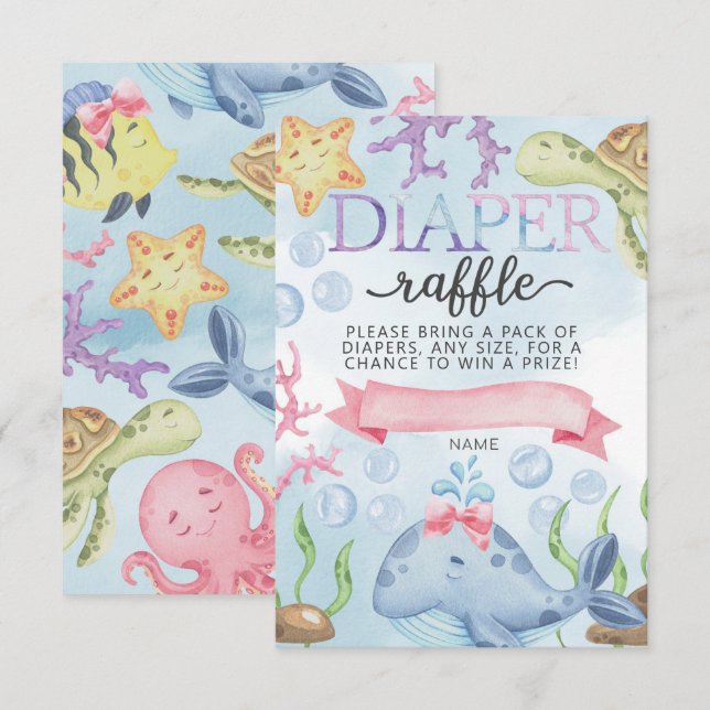 Tarjeta de rifa de pañales bajo el mar para niñas (Anverso / Reverso)