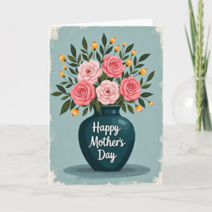 Tarjeta de rosas del día de las madres en jarrón d