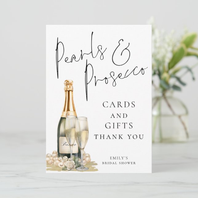 Tarjeta de Rótulo Pearls Prosecco y Regalos (Anverso de pie)