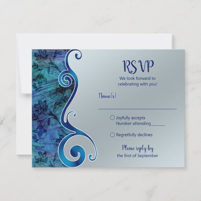 Tarjeta de RSVP azul y plateada personalizable (Anverso)