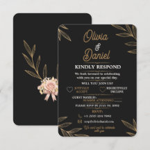 Tarjeta de RSVP Botánica de Oro Negro Editable