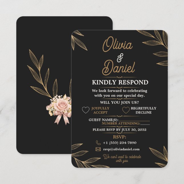 Tarjeta de RSVP Botánica de Oro Negro Editable (Anverso / Reverso)