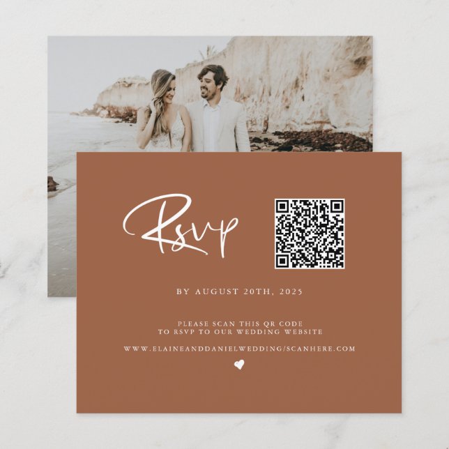Tarjeta de RSVP con código QR de terracota para pr (Anverso / Reverso)