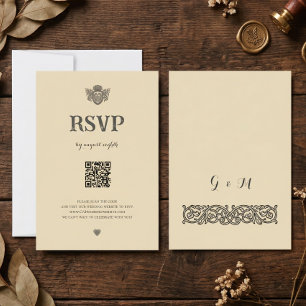 Tarjeta de RSVP con código QR del escudo medieval 