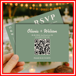 Tarjeta de RSVP con código QR para boda en verde s