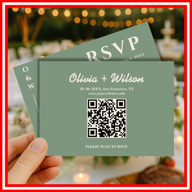 Tarjeta de RSVP con código QR para boda en verde s (Subido por el creador)