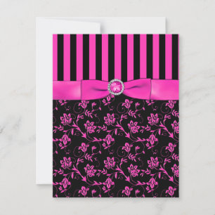 Tarjeta de RSVP con rayas negras y rosa caliente y