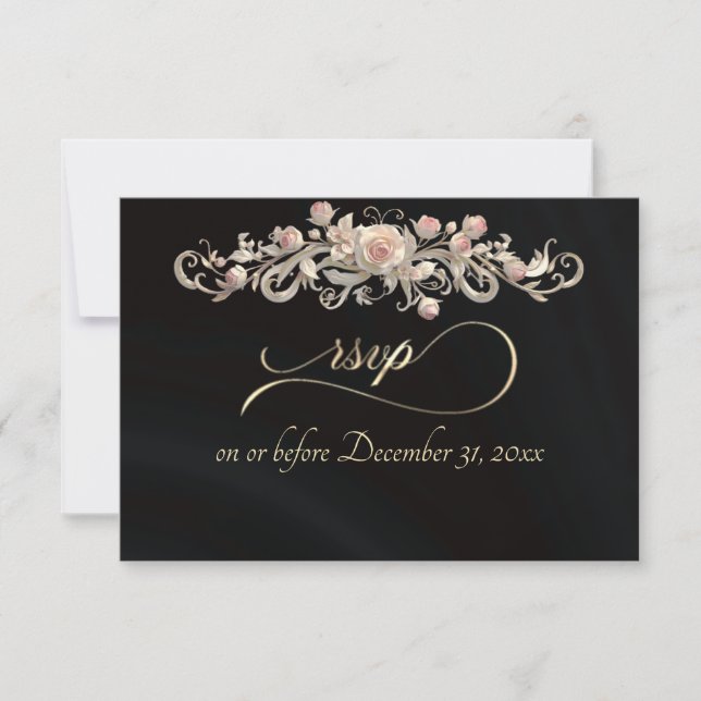 Tarjeta de RSVP de Arco de Rosa Romántica - Negra (Anverso)