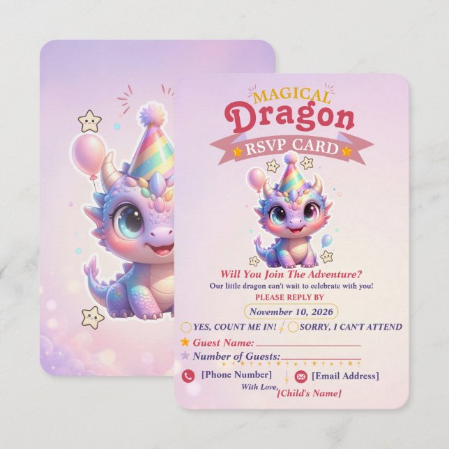 Tarjeta de RSVP de Aventura de Cumpleaños de Dragó (Anverso / Reverso)