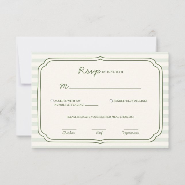 Tarjeta de RSVP de boda a rayas verde salvia (Anverso)