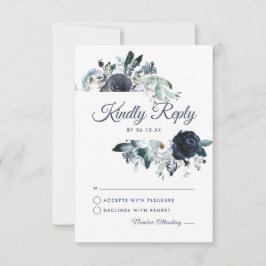 Tarjeta de RSVP de Boda Acuarela Floral Navy Rústi