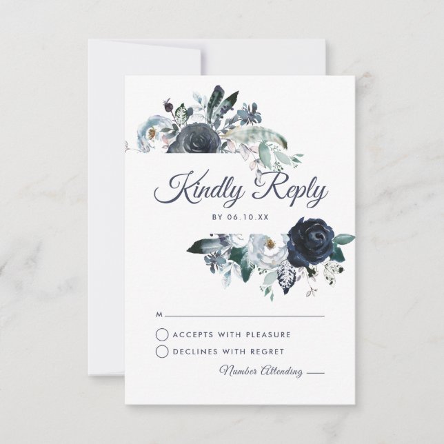 Tarjeta de RSVP de Boda Acuarela Floral Navy Rústi (Anverso)