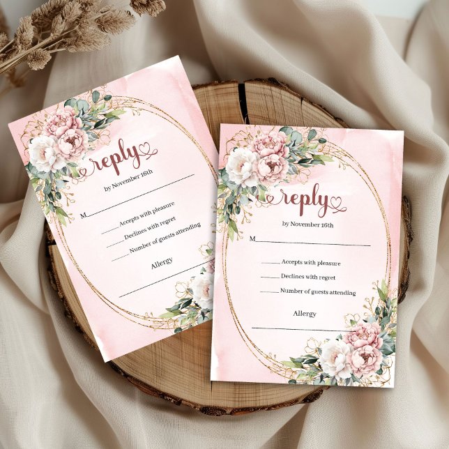 Tarjeta de RSVP de boda atemporal en rosa oro con  (Timeless Rose Gold Greenery Wedding RSVP Card)