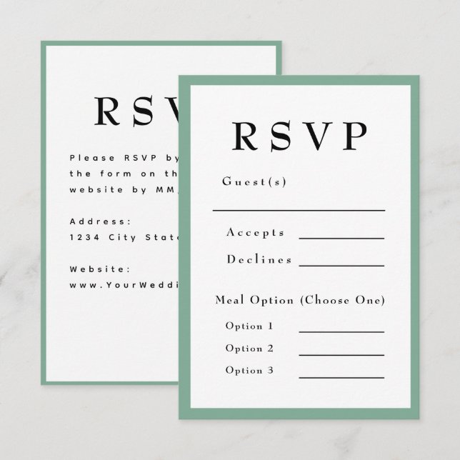 Tarjeta de RSVP de Boda Atemporal Verde Menta (Anverso / Reverso)