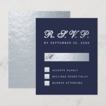 Tarjeta de RSVP de boda azul marino y plata de pre
