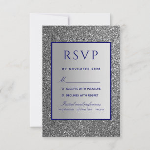 Tarjeta de RSVP de boda azul plata