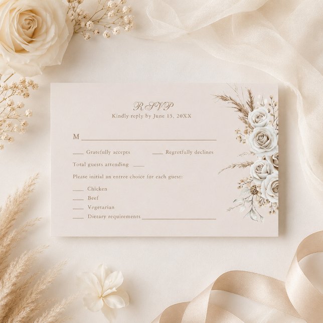 Tarjeta de RSVP de boda beige con rosas de marfil (Ivory Roses Beige Wedding RSVP Card with beige wedding decor and flowers)