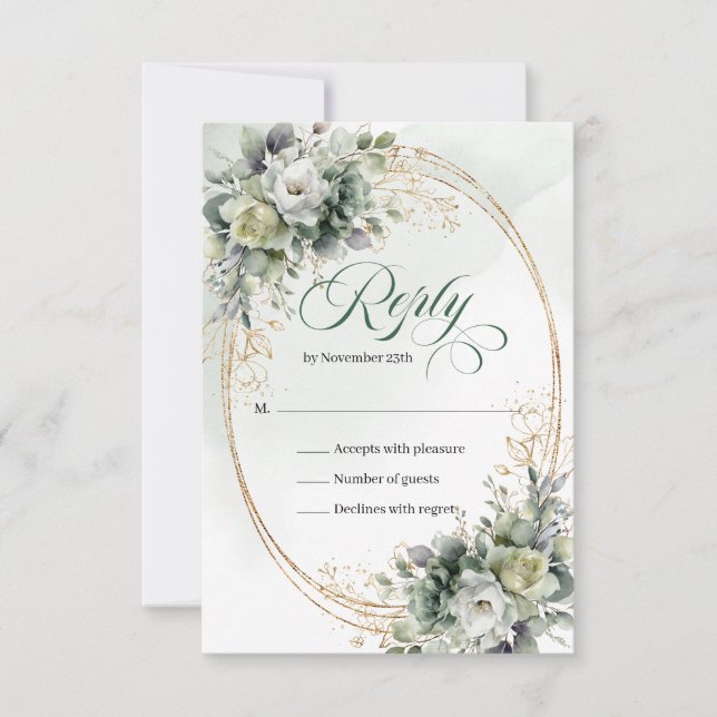 Tarjeta de RSVP de boda Boho Dusty Green Eucalyptu (Anverso)